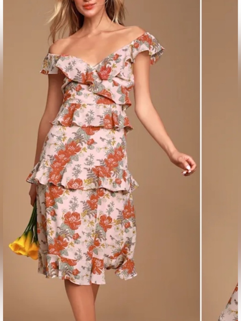 Lulu's Blush and Rust Floral Ruffle Dress